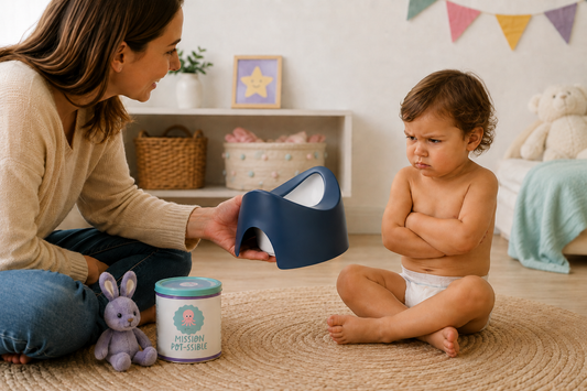 Enfant 2 ans en couche qui boude le pot
